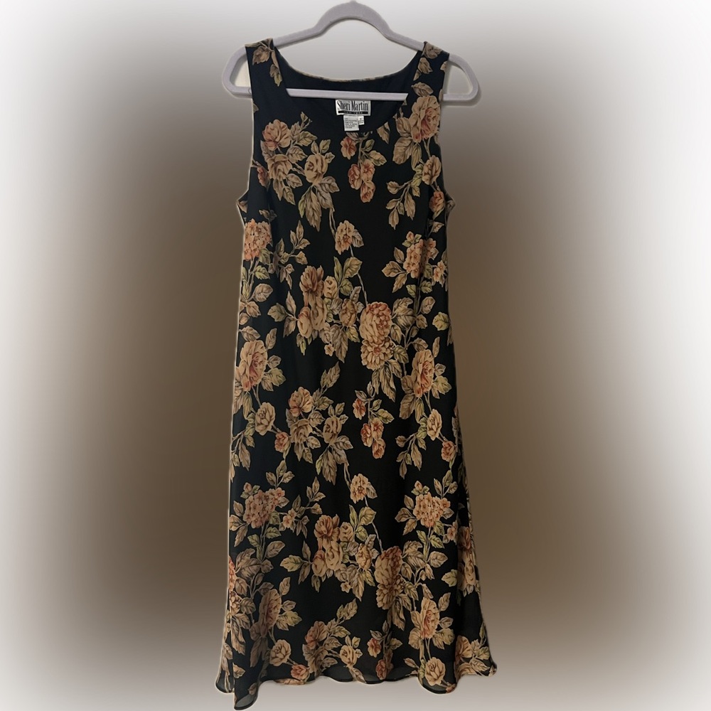 Vintage Sheri Martin Size 18 Floral Chiffon Lined Knee Length Dress Sleevless
